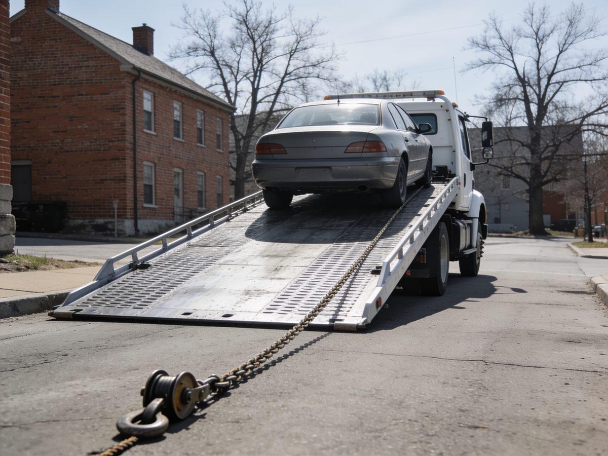 A car being winched up the tilted deck of a flatbed tow truck