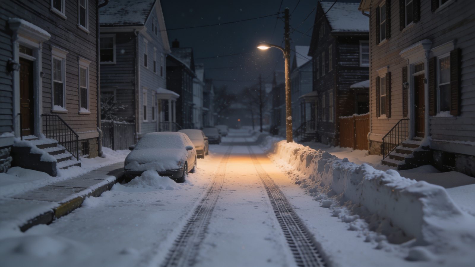 A narrow city street after a snowfall with cars parked along one side and a plough windrow