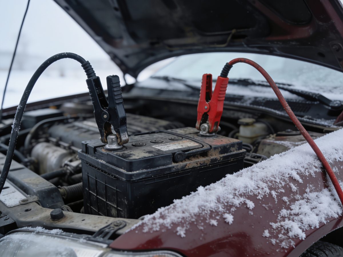 Jumper cable clamps attached to a car battery under an open hood on a frosty morning