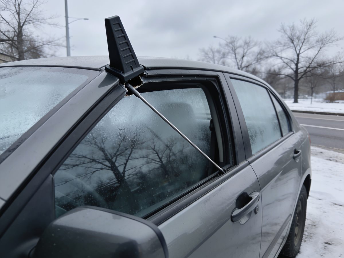 A wedge and long-reach tool used at a car door on a winter street