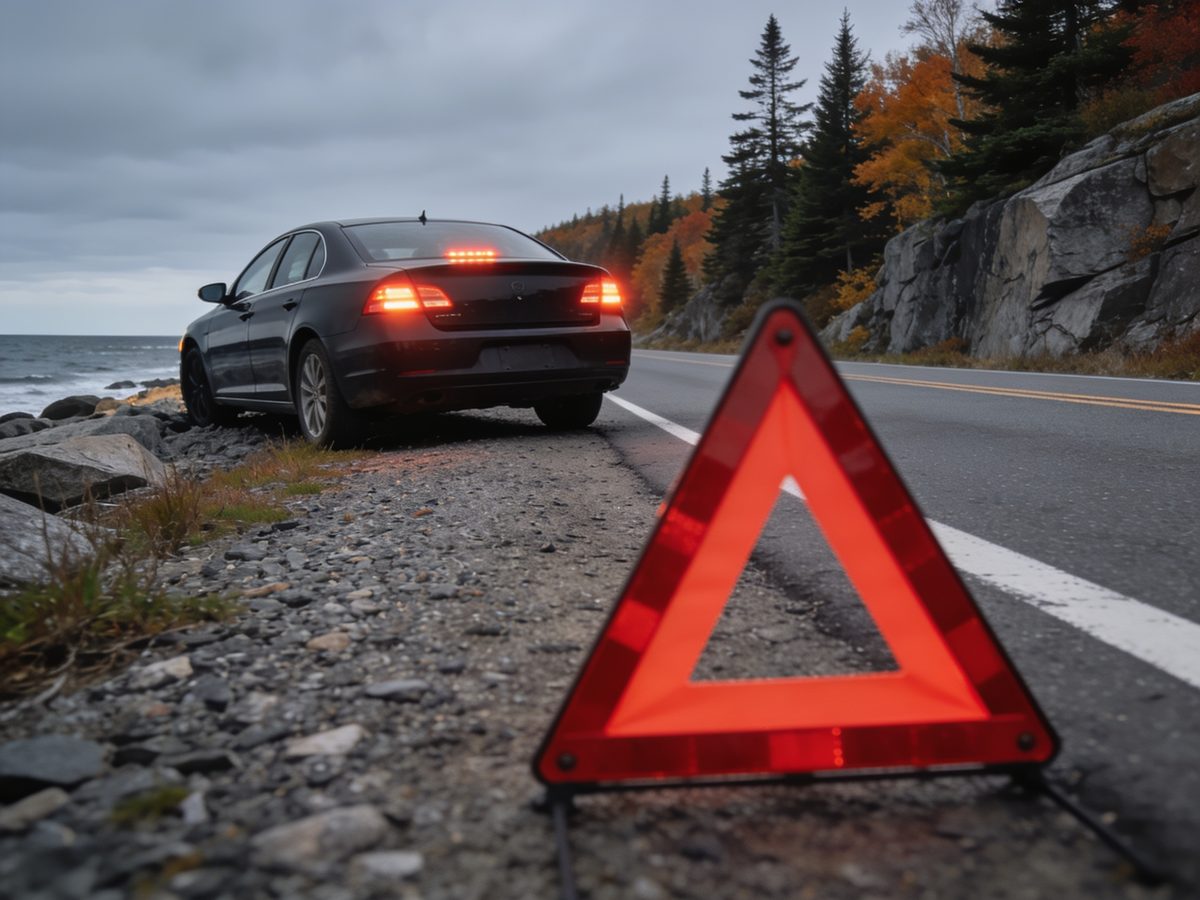 A reflective warning triangle on the shoulder behind a car with its hazard lights on