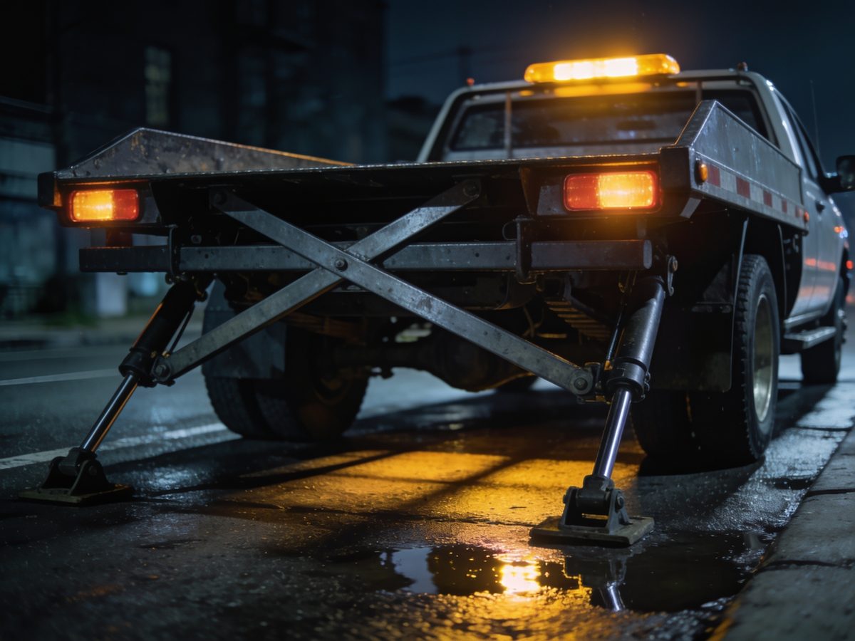 The wheel-lift arms of a tow truck extended low on a wet street at night