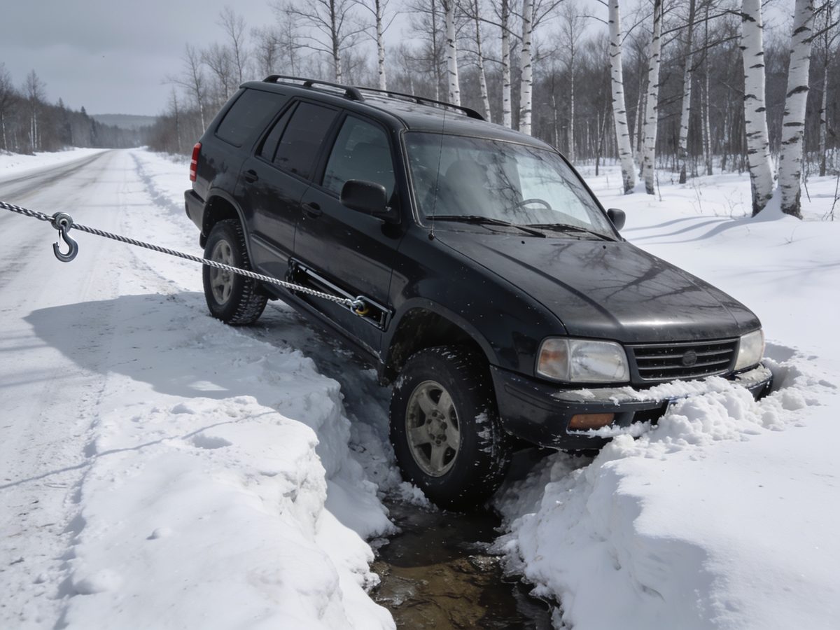 An SUV nosed into a snowbank with a winch cable attached to its frame